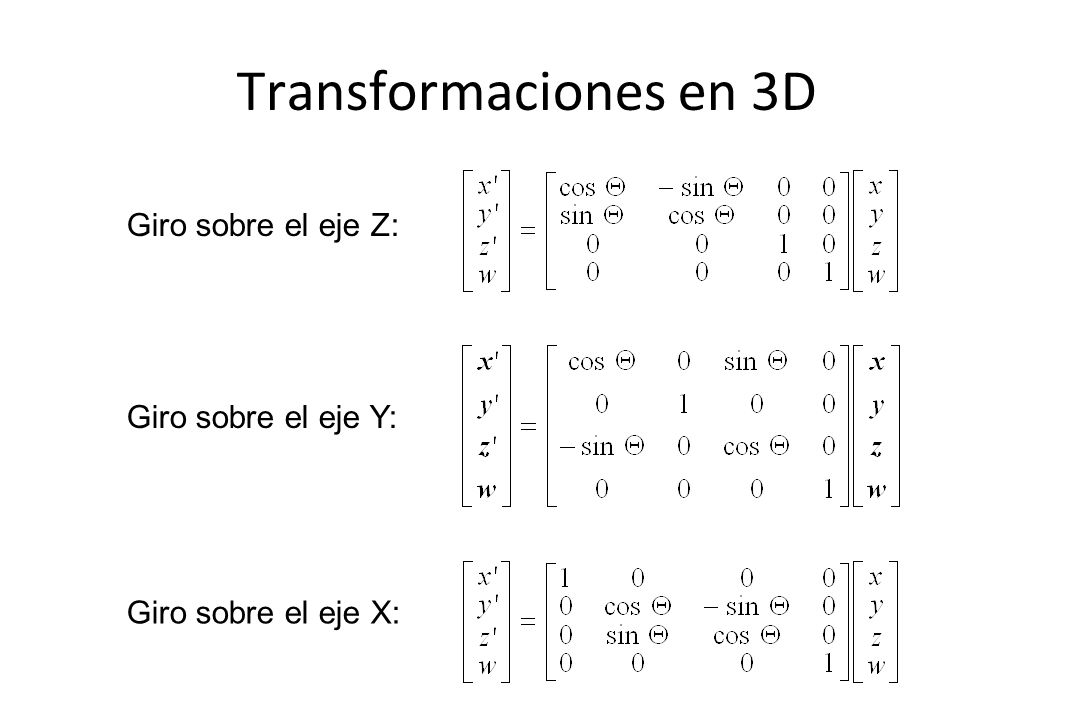 Transformaciones en 3D Giro sobre el eje Z: Giro sobre el eje Y: