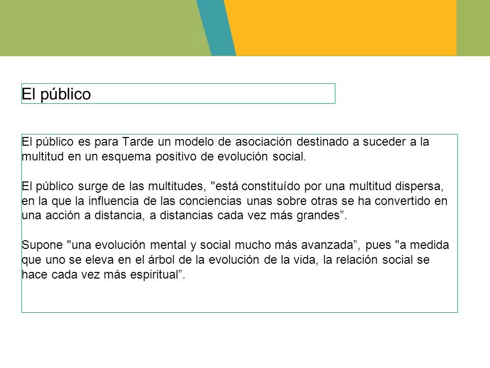 El público El público es para Tarde un modelo de asociación destinado a suceder a la multitud en un esquema positivo de evolución social.