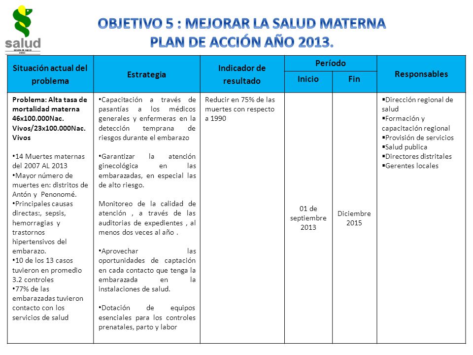 OBJETIVO 5 : MEJORAR LA SALUD MATERNA PLAN DE ACCIÓN AÑO 2013.