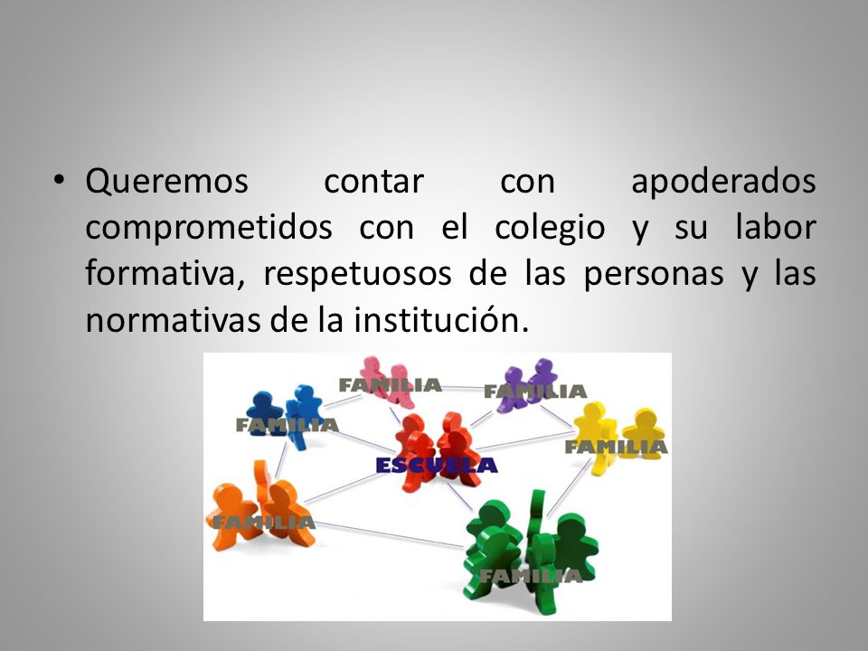Queremos contar con apoderados comprometidos con el colegio y su labor formativa, respetuosos de las personas y las normativas de la institución.