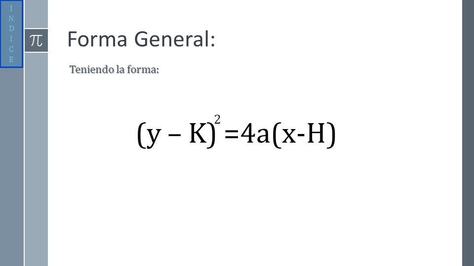 I N D C E Forma General: Teniendo la forma: 2 (y – K) =4a(x-H)