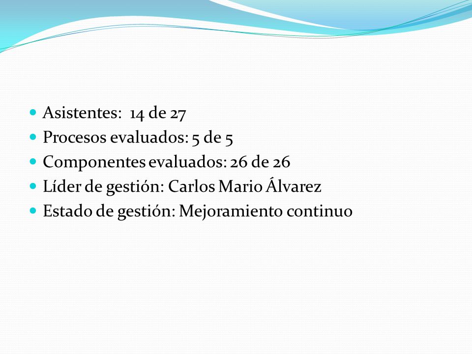 Asistentes: 14 de 27 Procesos evaluados: 5 de 5. Componentes evaluados: 26 de 26. Líder de gestión: Carlos Mario Álvarez.