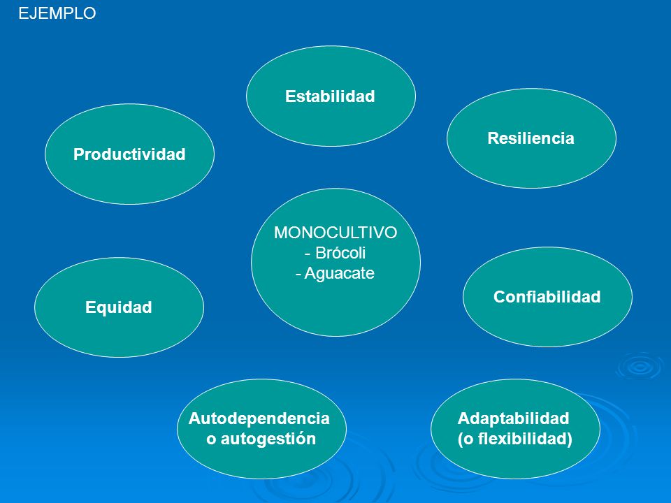 EJEMPLO Estabilidad. Resiliencia. Productividad. MONOCULTIVO. - Brócoli. - Aguacate. Confiabilidad.