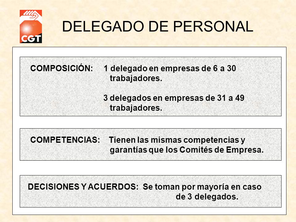 DELEGADO DE PERSONAL COMPOSICIÓN: 1 delegado en empresas de 6 a 30 trabajadores.
