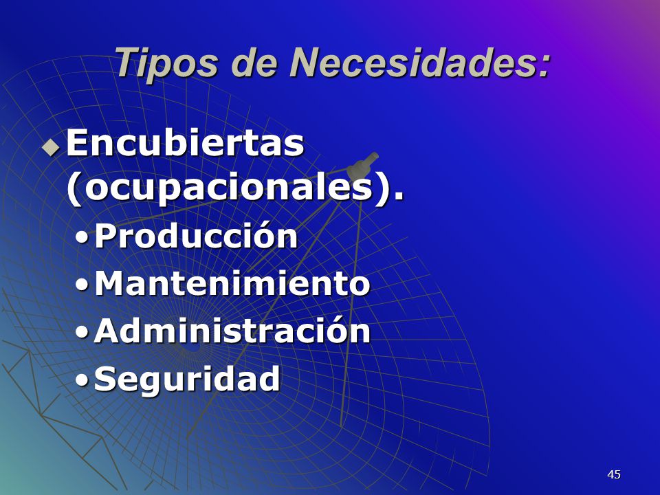 Tipos de Necesidades: Encubiertas (ocupacionales). Producción
