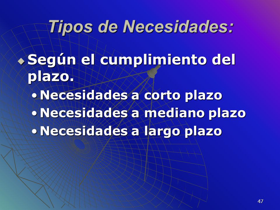 Tipos de Necesidades: Según el cumplimiento del plazo.