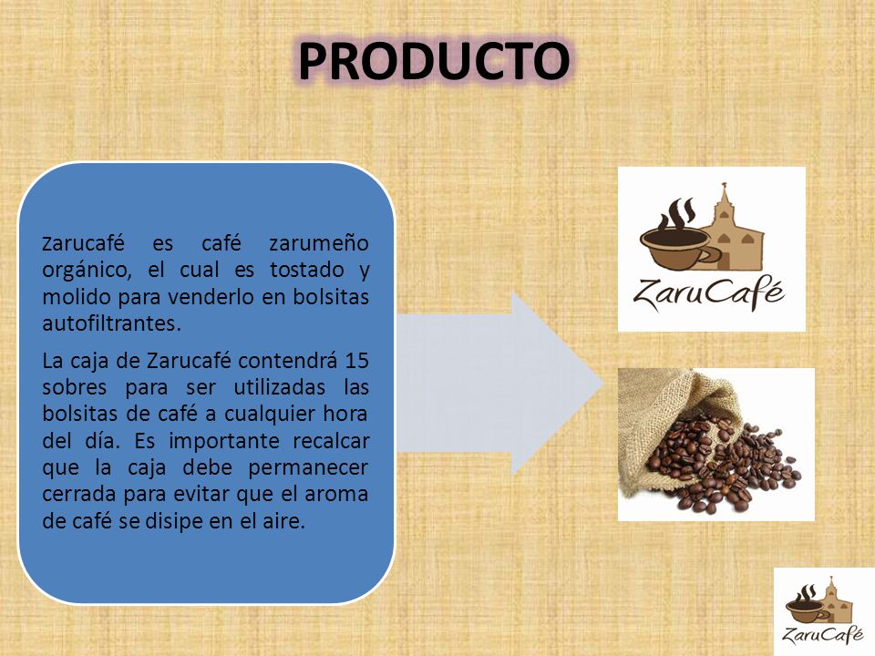 PRODUCTO Zarucafé es café zarumeño orgánico, el cual es tostado y molido para venderlo en bolsitas autofiltrantes.