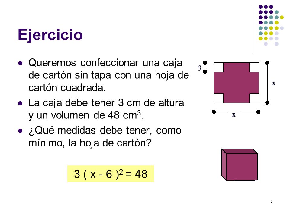 Ejercicio Queremos confeccionar una caja de cartón sin tapa con una hoja de cartón cuadrada.