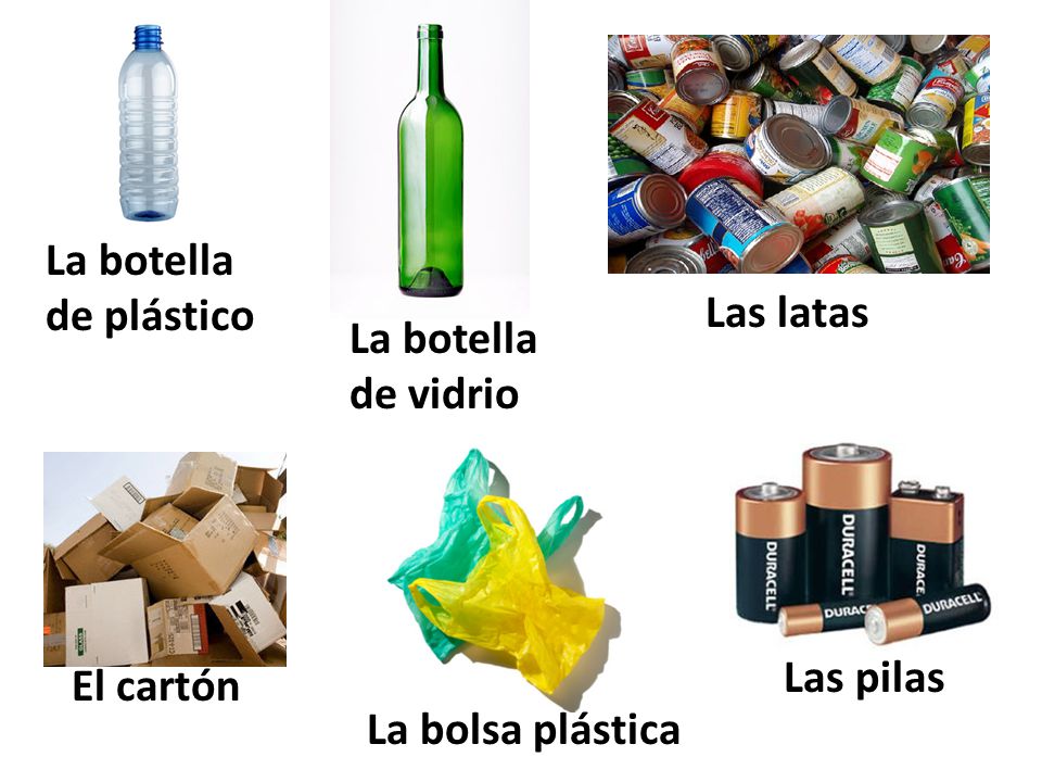 La botella de plástico Las latas La botella de vidrio Las pilas El cartón La bolsa plástica