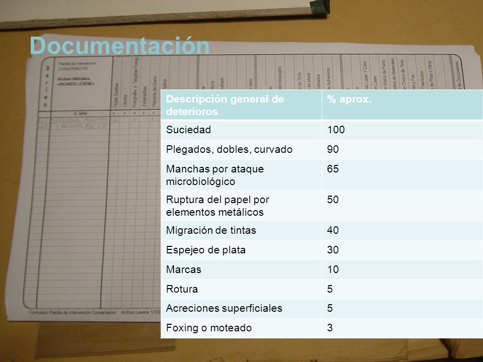 Documentación Descripción general de deterioros % aprox. Suciedad 100