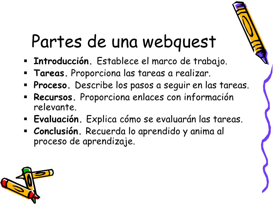 Partes de una webquest Introducción. Establece el marco de trabajo.