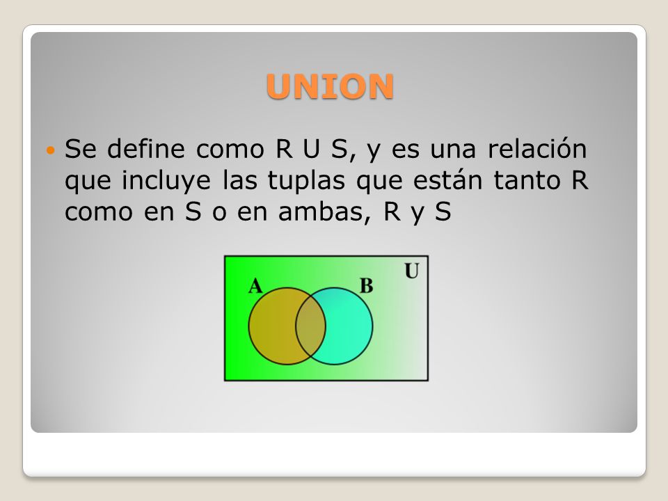 UNION Se define como R U S, y es una relación que incluye las tuplas que están tanto R como en S o en ambas, R y S.