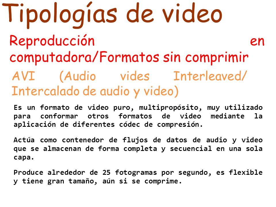 Tipologías de video Reproducción en computadora/Formatos sin comprimir