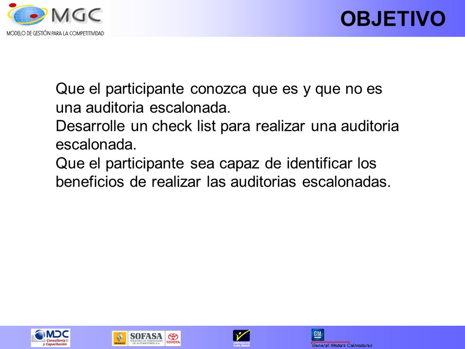 OBJETIVO Que el participante conozca que es y que no es una auditoria escalonada. Desarrolle un check list para realizar una auditoria escalonada.