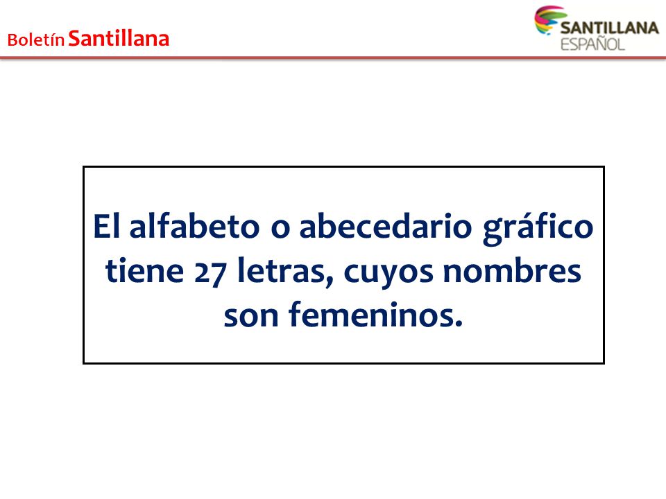 Boletín Santillana El alfabeto o abecedario gráfico tiene 27 letras, cuyos nombres son femeninos.