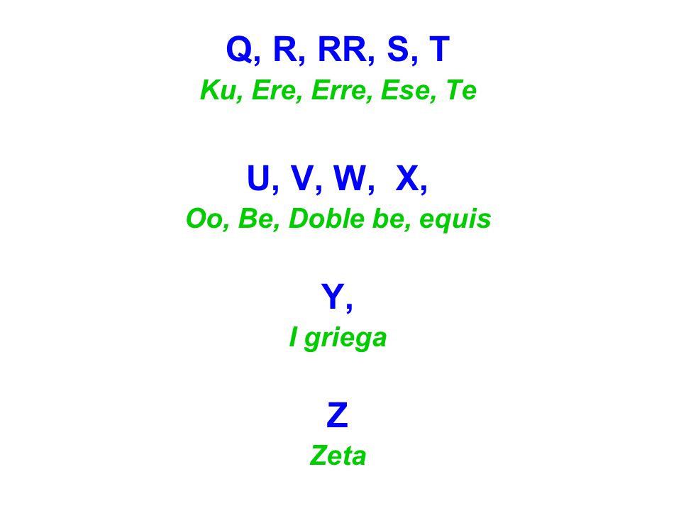 Q, R, RR, S, T U, V, W, X, Y, Z Ku, Ere, Erre, Ese, Te