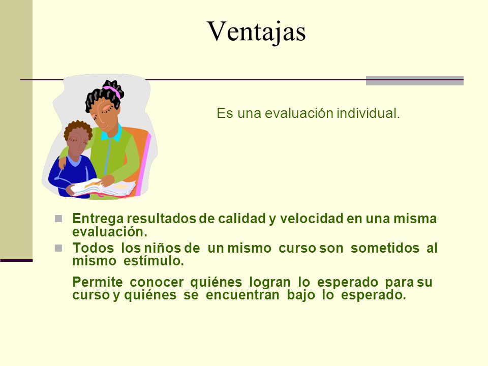 Ventajas Es una evaluación individual. Entrega resultados de calidad y velocidad en una misma evaluación.