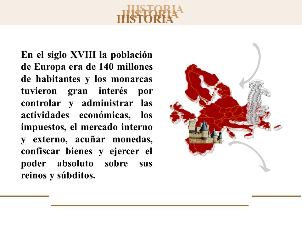 En el siglo XVIII la población de Europa era de 140 millones de habitantes y los monarcas tuvieron gran interés por controlar y administrar las actividades económicas, los impuestos, el mercado interno y externo, acuñar monedas, confiscar bienes y ejercer el poder absoluto sobre sus reinos y súbditos.