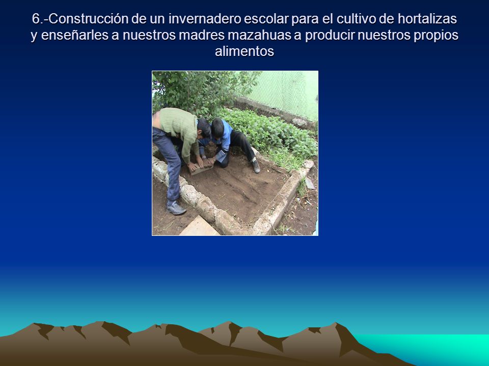 6.-Construcción de un invernadero escolar para el cultivo de hortalizas y enseñarles a nuestros madres mazahuas a producir nuestros propios alimentos