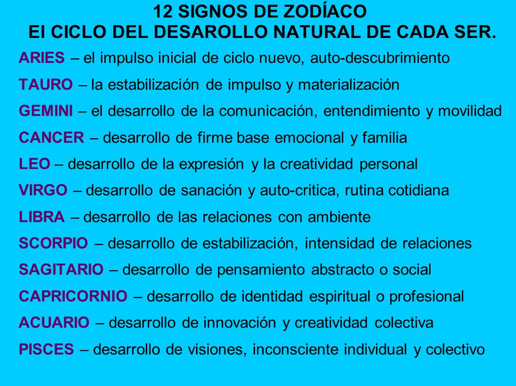 12 SIGNOS DE ZODÍACO El CICLO DEL DESAROLLO NATURAL DE CADA SER.