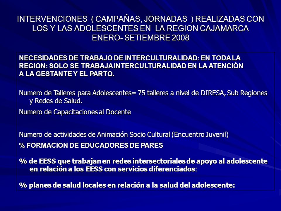 INTERVENCIONES ( CAMPAÑAS, JORNADAS ) REALIZADAS CON LOS Y LAS ADOLESCENTES EN LA REGION CAJAMARCA ENERO- SETIEMBRE 2008