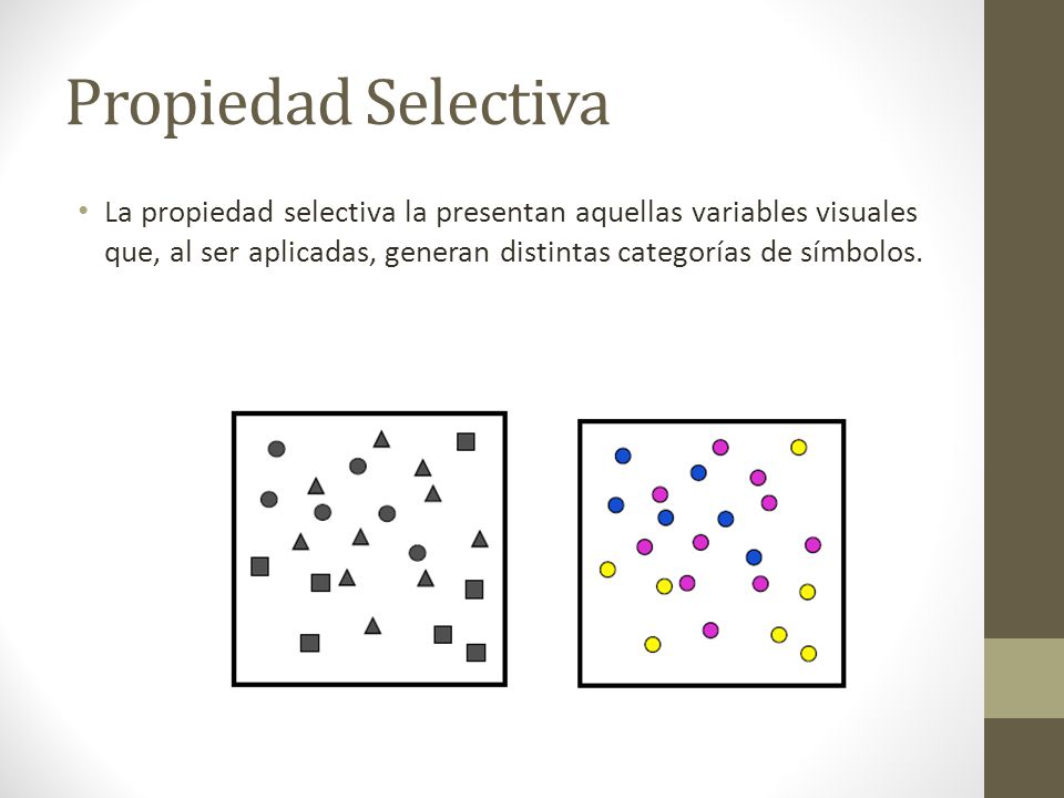 Propiedad Selectiva La propiedad selectiva la presentan aquellas variables visuales que, al ser aplicadas, generan distintas categorías de símbolos.