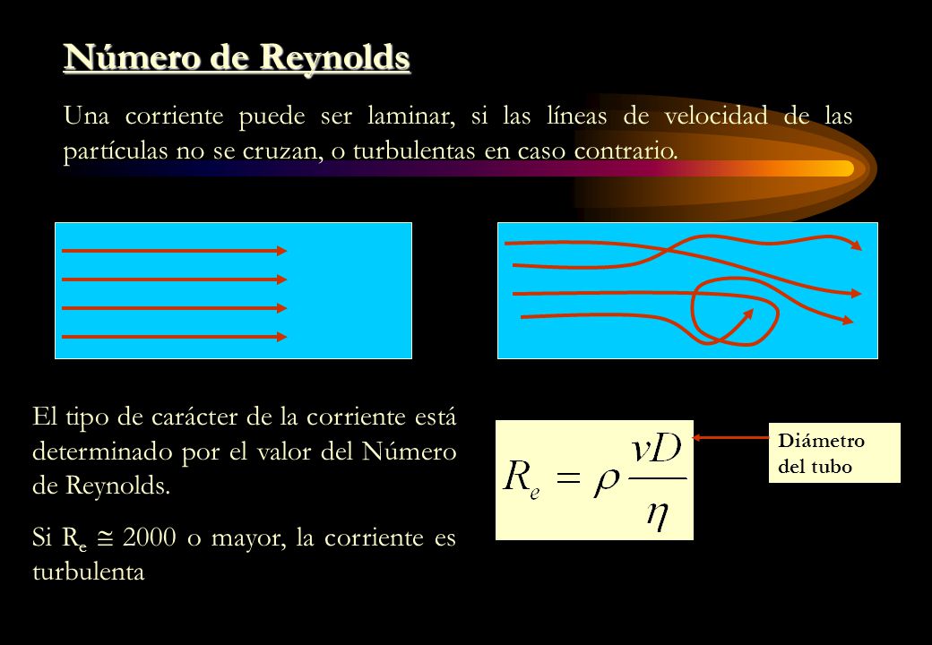 Número de Reynolds Una corriente puede ser laminar, si las líneas de velocidad de las partículas no se cruzan, o turbulentas en caso contrario.