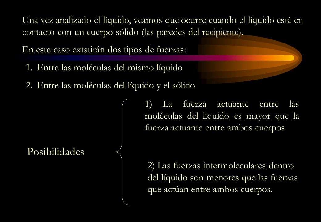 Una vez analizado el líquido, veamos que ocurre cuando el líquido está en contacto con un cuerpo sólido (las paredes del recipiente).
