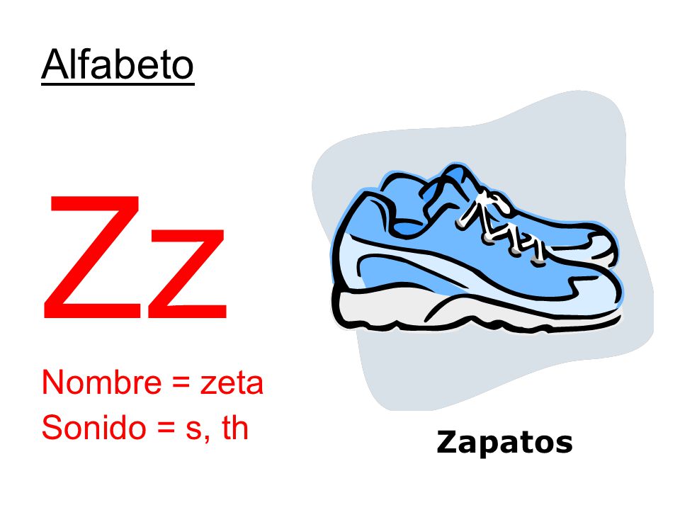 Alfabeto Zz Nombre = zeta Sonido = s, th Zapatos