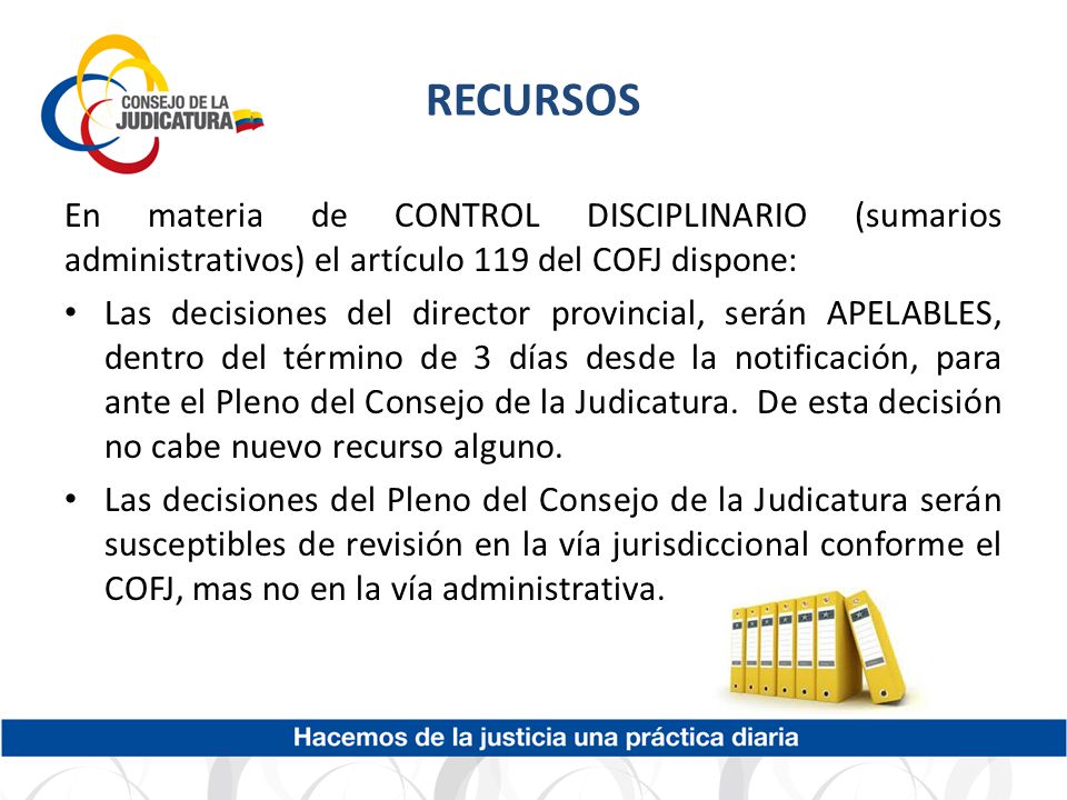 RECURSOS En materia de CONTROL DISCIPLINARIO (sumarios administrativos) el artículo 119 del COFJ dispone: