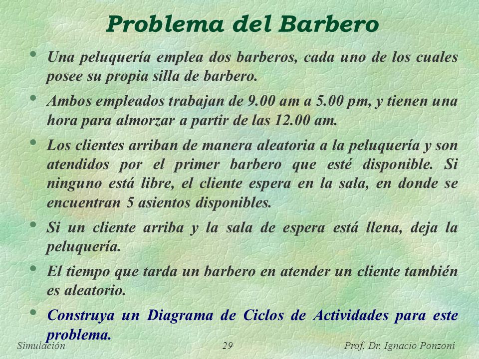 Problema del Barbero Una peluquería emplea dos barberos, cada uno de los cuales posee su propia silla de barbero.