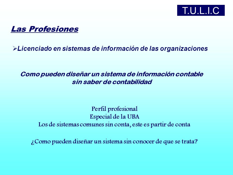 T.U.L.I.C Las Profesiones. Licenciado en sistemas de información de las organizaciones. Como pueden diseñar un sistema de información contable.