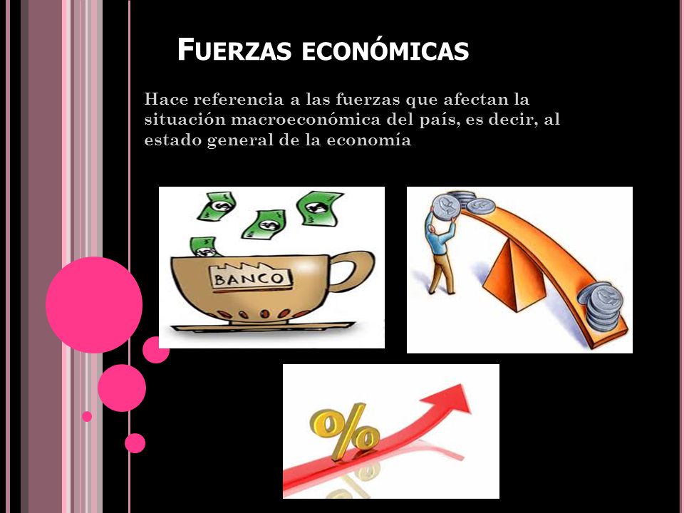 Fuerzas económicas Hace referencia a las fuerzas que afectan la situación macroeconómica del país, es decir, al estado general de la economía.