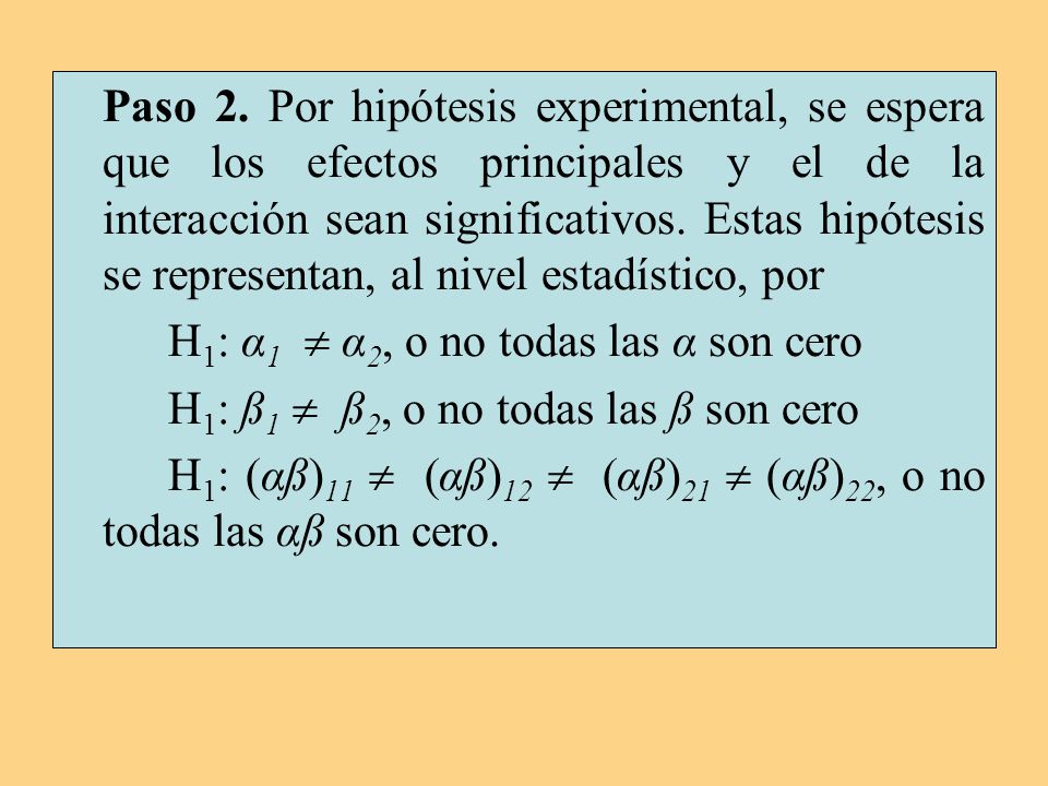 Paso 2. Por hipótesis experimental, se espera que los efectos principales y el de la interacción sean significativos. Estas hipótesis se representan, al nivel estadístico, por