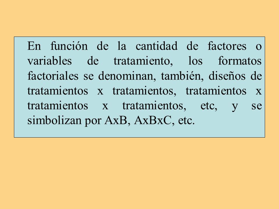 En función de la cantidad de factores o variables de tratamiento, los formatos factoriales se denominan, también, diseños de tratamientos x tratamientos, tratamientos x tratamientos x tratamientos, etc, y se simbolizan por AxB, AxBxC, etc.