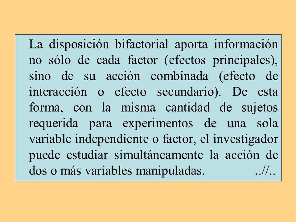 La disposición bifactorial aporta información no sólo de cada factor (efectos principales), sino de su acción combinada (efecto de interacción o efecto secundario).