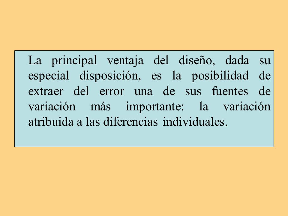 La principal ventaja del diseño, dada su especial disposición, es la posibilidad de extraer del error una de sus fuentes de variación más importante: la variación atribuida a las diferencias individuales.