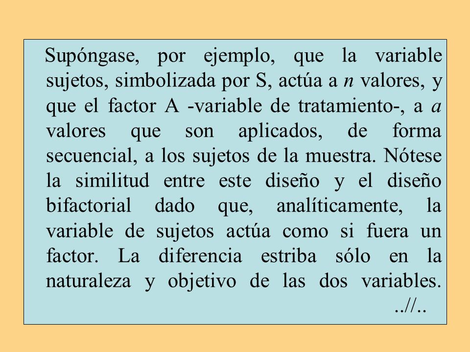 Supóngase, por ejemplo, que la variable sujetos, simbolizada por S, actúa a n valores, y que el factor A -variable de tratamiento-, a a valores que son aplicados, de forma secuencial, a los sujetos de la muestra.