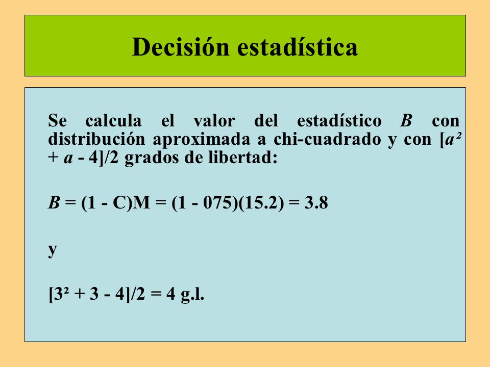 Decisión estadística Se calcula el valor del estadístico B con distribución aproximada a chi-cuadrado y con [a² + a - 4]/2 grados de libertad: