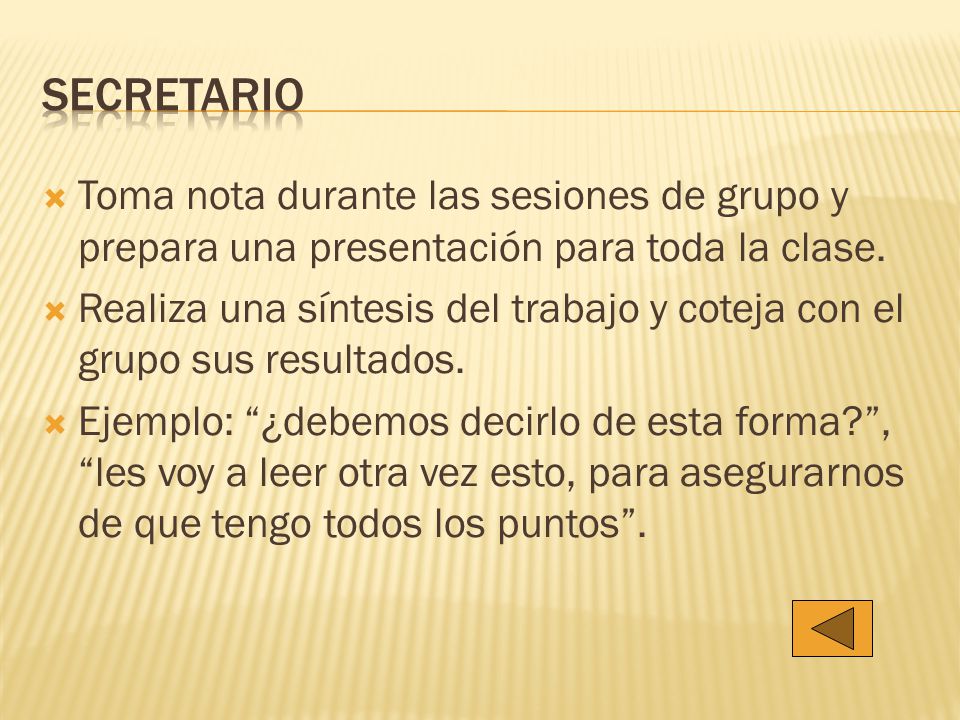 Secretario Toma nota durante las sesiones de grupo y prepara una presentación para toda la clase.