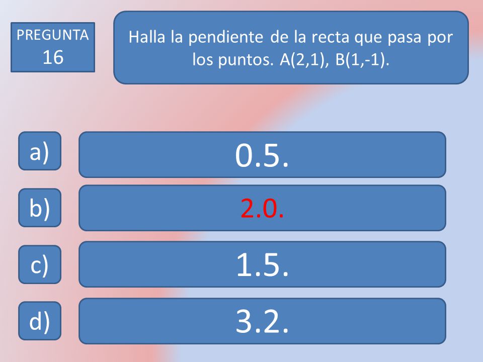 Halla la pendiente de la recta que pasa por los puntos. A(2,1), B(1,-1).