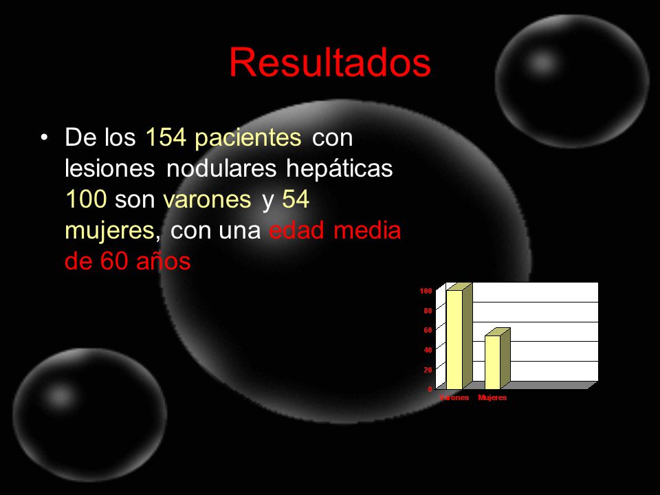 Resultados De los 154 pacientes con lesiones nodulares hepáticas 100 son varones y 54 mujeres, con una edad media de 60 años.