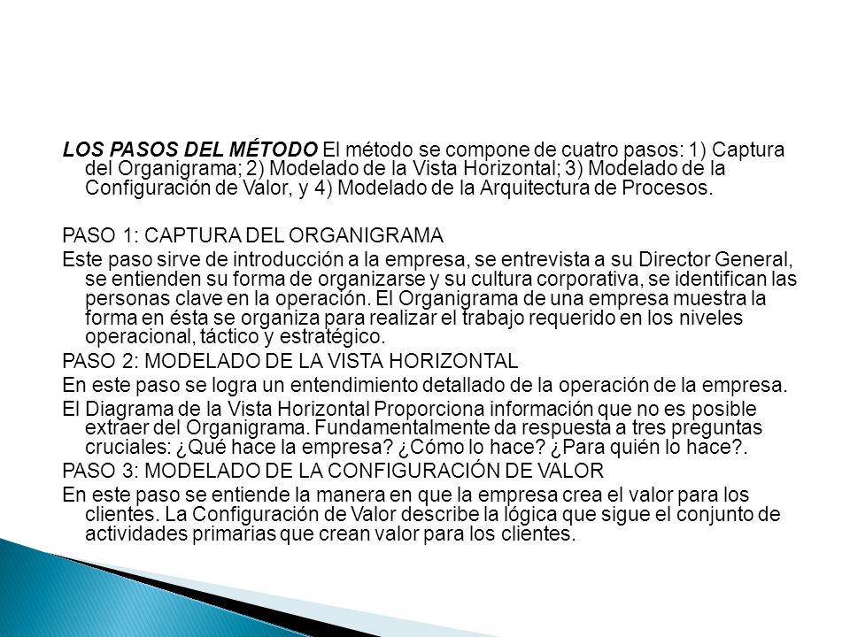 LOS PASOS DEL MÉTODO El método se compone de cuatro pasos: 1) Captura del Organigrama; 2) Modelado de la Vista Horizontal; 3) Modelado de la Configuración de Valor, y 4) Modelado de la Arquitectura de Procesos.