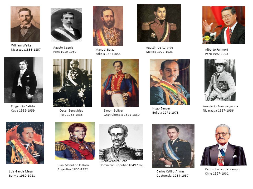 William Walker Nicaragua Agusto Leguia. Peru Agustin de Iturbide. Mexico