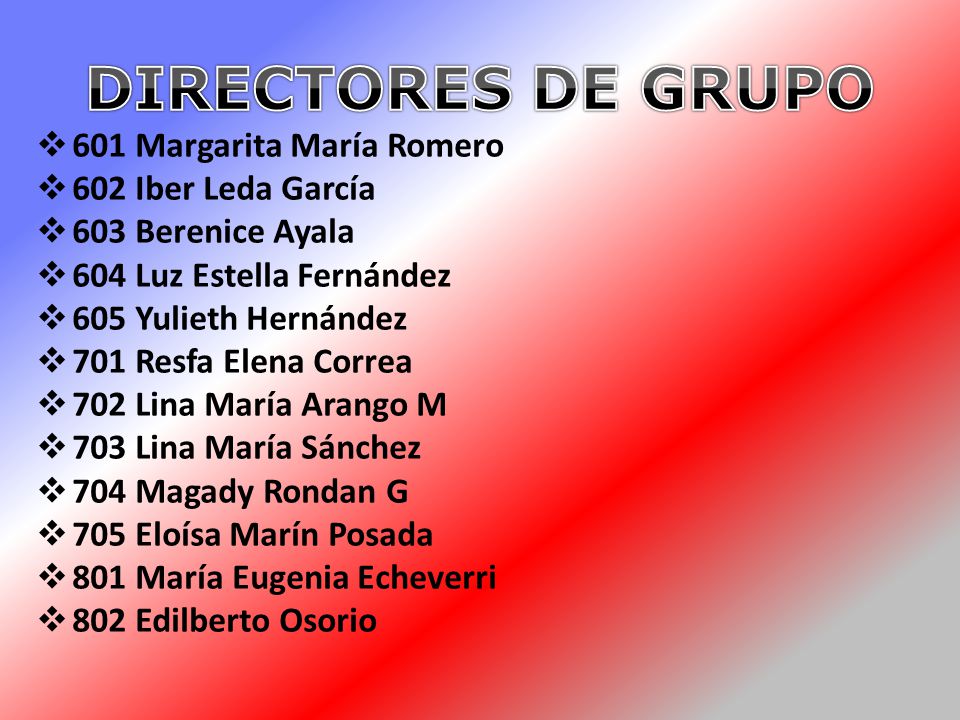 DIRECTORES DE GRUPO 601 Margarita María Romero 602 Iber Leda García
