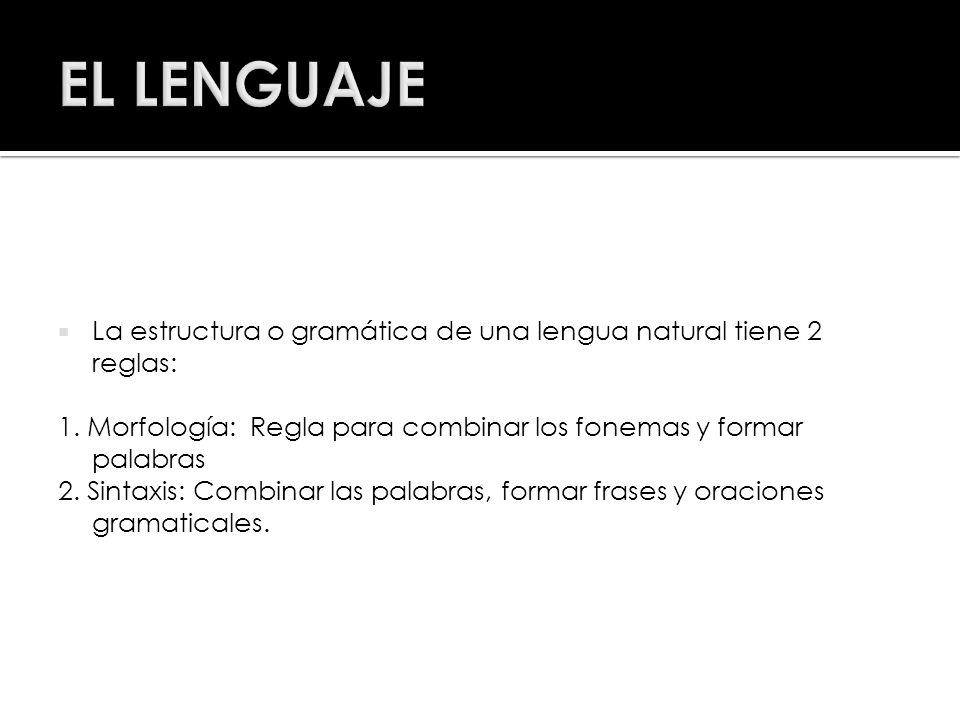 EL LENGUAJE La estructura o gramática de una lengua natural tiene 2 reglas: 1. Morfología: Regla para combinar los fonemas y formar palabras.