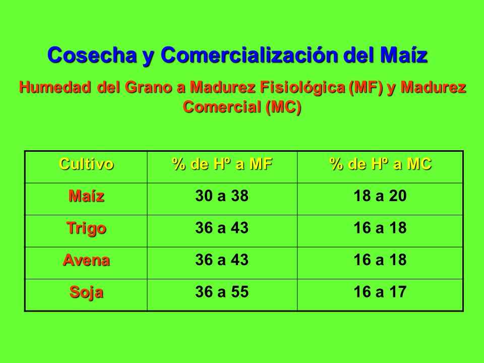 Humedad del Grano a Madurez Fisiológica (MF) y Madurez Comercial (MC)