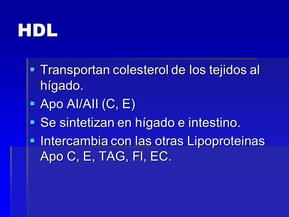 HDL Transportan colesterol de los tejidos al hígado. Apo AI/AII (C, E)