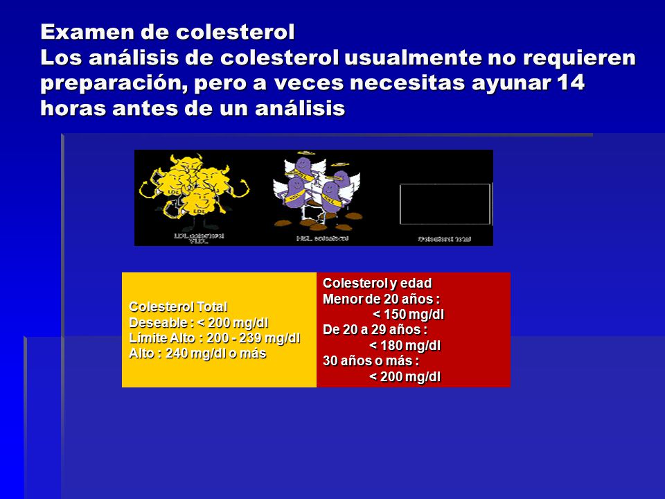 Examen de colesterol Los análisis de colesterol usualmente no requieren preparación, pero a veces necesitas ayunar 14 horas antes de un análisis