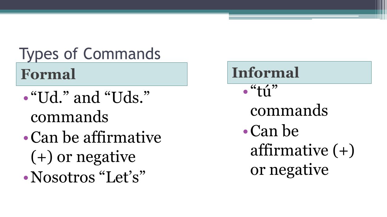 Can be affirmative (+) or negative Ud. and Uds. commands